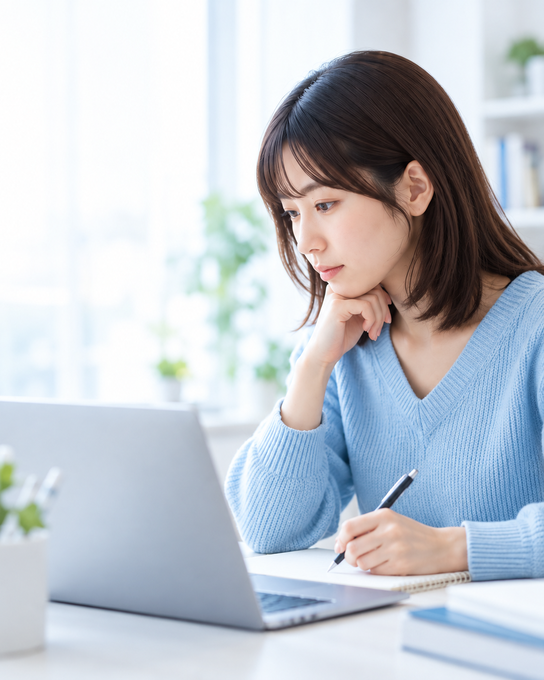 机で論文対策に取り組む受験者